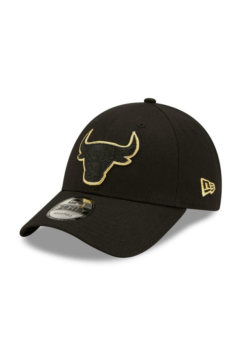 Black cap with curved visor, featuring a gold embroidered bull logo on the front and a New Era logo on the side. Adjustable design.