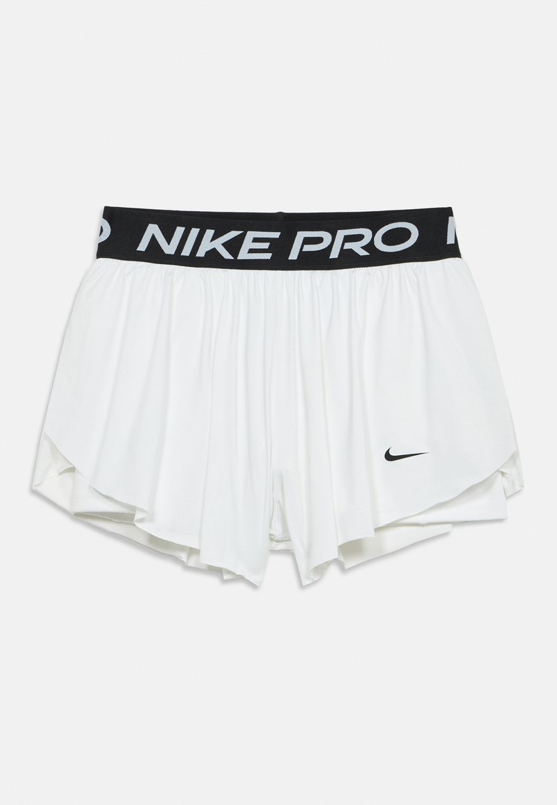 Los pantalones cortos atléticos Nike Pro en blanco cuentan con una cinturilla elástica negra con el logo, una tela suave y un ajuste holgado con un diseño en capas en el dobladillo.