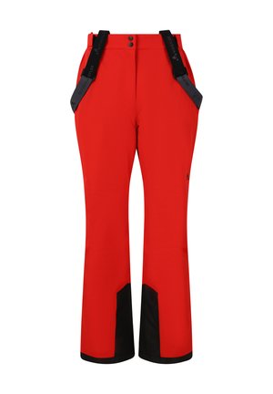 Red ski pants with black trim at the cuffs, featuring adjustable black suspenders, a button closure, and side pockets. Smooth texture.