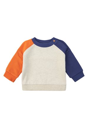 Color-blocked sweatshirt with orange, navy, and cream panels. Soft fabric, ribbed cuffs and neckline, and shoulder snap detail. Casual fit.