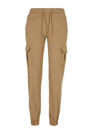 Pantalone hlače boje kamilice od čvrste tkanine s elastičnim pojasom s vezicom, bočnim džepovima i elastičnim manžetama na gležnjevima.