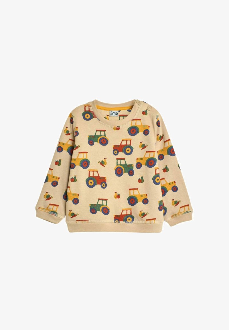 Béžová mikina s opakujícím se vzorem barevných traktoru v červené, zelené, žluté a modré barvě, s měkkou teksturou a kulatým výstřihem.