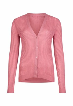 Cardigan en tricot côtelé rose avec manches longues, col en V et fermeture à boutons sur le devant, légèrement ajusté avec un ourlet incurvé.