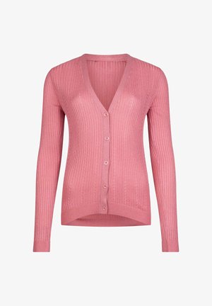 Roza rebrasti pleteni kardigan s dugim rukavima, V-izrezom i prednjim kopčanjem na gumbe, blago strukiran s zakrivljenim donjim rubom.