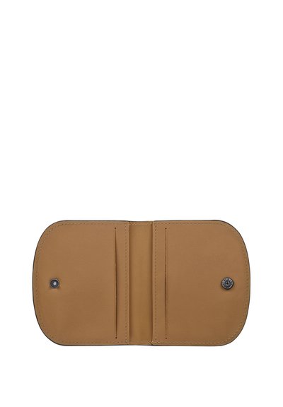 Tan leather wallet interior featuring two card slots and a snap button closure. Smooth texture with visible stitching detail.