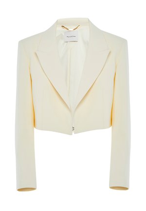 Blazer accorciato in tessuto crema; presenta un colletto a punte, maniche lunghe e una zip anteriore con un piccolo pull tab con logo.