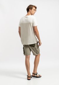 Lichtgekleurde, T-shirt met korte mouwen met een horizontale gradient van wit naar beige. Gecombineerd met olijfgroene cargo shorts met zakken. Inclusief sandalen.