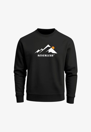 Black sweatshirt made of fabric featuring a white mountain graphic and orange sun. The brand "NEVERLESS" is printed below the design.