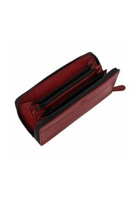 Portafoglio rosso in pelle con una cerniera nera. Presenta più scomparti, slot per carte e una tasca con zip per monete o piccoli oggetti.