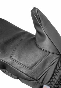 Schwarze Lederhandschuh mit strukturiertem Finish, gepolstertem Innenraum und einem Daumenbereich. Er hat elastische Bündchen für einen sicheren Sitz.