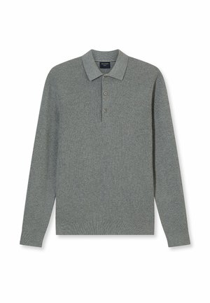 Long-sleeve polo shirt in a textured, muted gray fabric. Features a classic collar and a three-button placket.