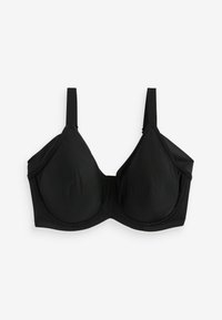 Zwarte onderwired bra met voorgevormde cups, verstelbare schouderbanden en gladde stof. Eenvoudig ontwerp zonder extra patronen of accenten.