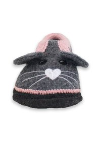 Grijze gevoerde slipper met roze accenten, konijnenoren en geborduurde gezichtsdetails. Heeft een zwarte gestructureerde zool en een roze voering.