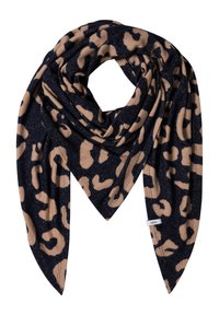 Leopardmønstret tørklæde i mørkeblå og beige; trekantet form med blød, tekstureret stof; har et mærke med "CECI" branding.