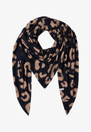 Leopard print scarf in dark blue and beige; triangular shape with soft, textured fabric; features a tag with "CECI" branding.