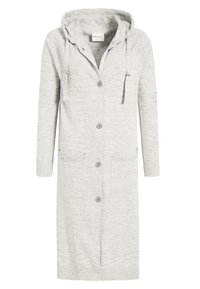 Long gilet gris clair avec capuche, boutons à l'avant, deux poches avant et cordons de serrage sur la capuche.