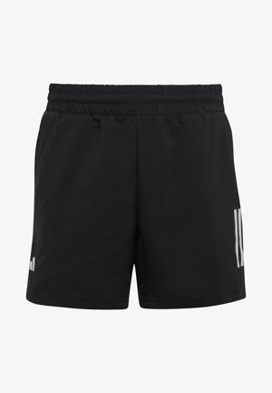 Pantaloni sportivi neri con elastico in vita, caratterizzati da una texture liscia e dettagli in logo argentato sul lato sinistro inferiore.