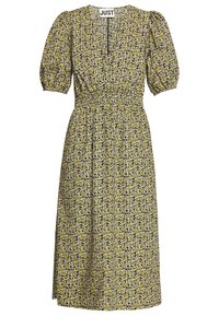 Květinové midi šaty s volnými rukávy, nařaseným pasem a žluto-bílým květinovým vzorem na tmavém pozadí. Knoflíkový detail u výstřihu.