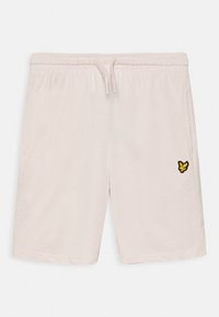 Calções rosa claro feitos de tecido macio, com uma cintura elástica com cordão e bolsos laterais, adornados com um logo de borboleta preta e amarela.