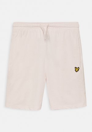 Calções rosa claro feitos de tecido macio, com uma cintura elástica com cordão e bolsos laterais, adornados com um logo de borboleta preta e amarela.