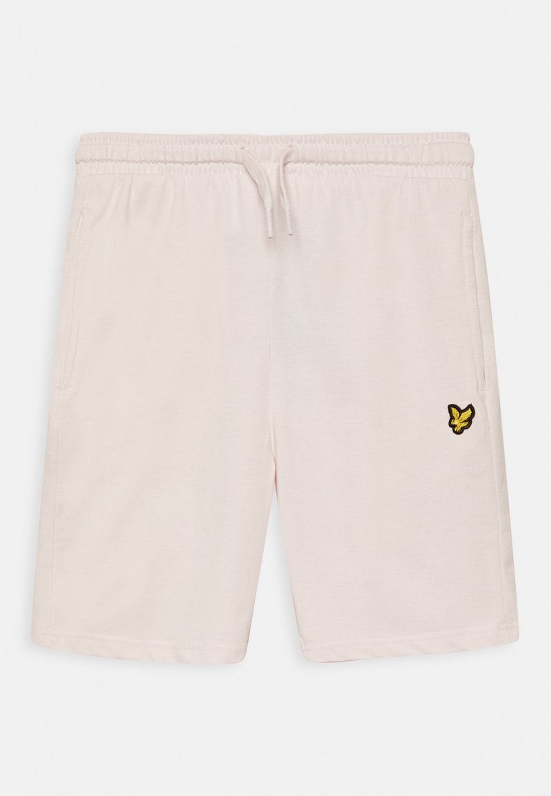 Calções rosa claro feitos de tecido macio, com uma cintura elástica com cordão e bolsos laterais, adornados com um logo de borboleta preta e amarela.