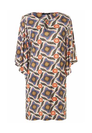 Weites Kleid mit breiten Ärmeln und geometrischem Muster in Braun-, Blau-, Orange- und Cremetönen, versehen mit einem kleinen V-Ausschnitt mit Schlaufen-Detail.