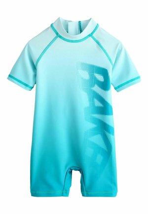 Kombinezon rash guard z krótkim rękawem w turkusowo-niebieskim gradientowym kolorze, z napisem "RASH" z kropek na przodzie, z przeszyciami i zamkiem z tyłu.