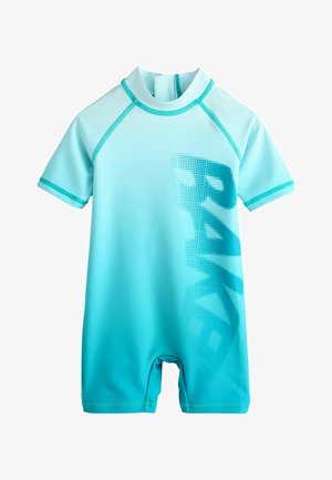 Kombinezon rash guard z krótkim rękawem w turkusowo-niebieskim gradientowym kolorze, z napisem "RASH" z kropek na przodzie, z przeszyciami i zamkiem z tyłu.
