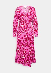 Pink wrap dress features long sleeves, a V-neck, and a pattern of red and white splotches, made of lightweight fabric.