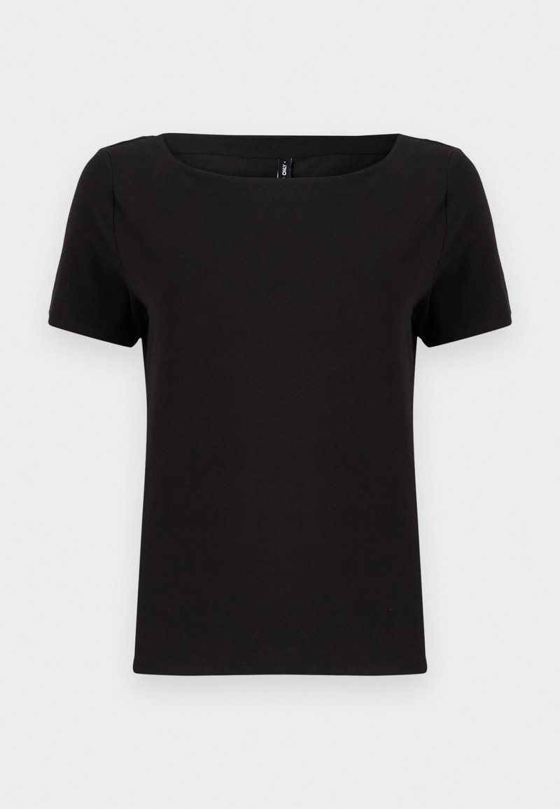 Schwarzes kurzärmeliges T-Shirt mit quadratischem Ausschnitt, aus weichem Baumwollstoff, mit minimalistischen Design und normaler Passform.