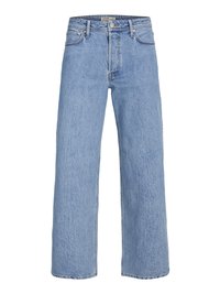Jean en denim bleu clair à jambes larges avec une taille haute, design à cinq poches et détails de coutures subtils. Texture lisse et jambes droites.