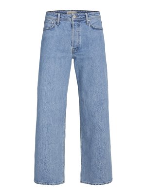 Light blue denim wide-leg jeans with a high waist, five-pocket design, and subtle stitching details. Smooth texture and straight-cut legs.