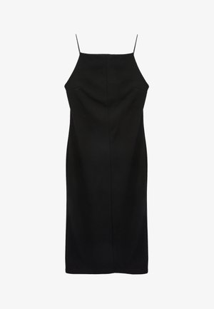 Schwarzes ärmelloses Midikleid mit dünnen Schulterträgern und figurbetonter Silhouette.
