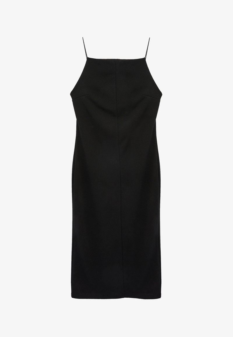 Robe midi noire sans manches avec fines bretelles et silhouette ajustée.