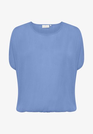 Kortærmet, løstsiddende top lavet af glat, lys blå stof med rund hals og afslappet silhuet. Ingen synlige mønstre eller hardware.