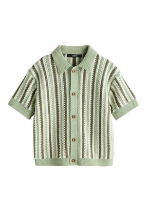 Knit short-sleeve shirt in light green with white and dark green stripes, featuring a collar, button front, and ribbed cuffs.