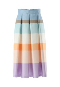 Pleated skirt featuring horizontal stripes in light blue, beige, white, peach, and lavender. Made of smooth fabric with a zipper closure.