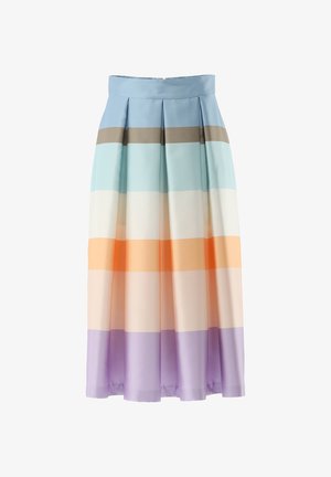 Plissierter Rock mit horizontalen Streifen in Hellblau, Beige, Weiß, Pfirsich und Lavendel. Hergestellt aus glattem Stoff mit Reißverschlussverschluss.