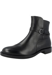 Stivale alla caviglia in pelle nera con un design elegante, punta rotonda e dettaglio con cinturino con fibbia attorno alla caviglia. Tacco basso e texture liscia.