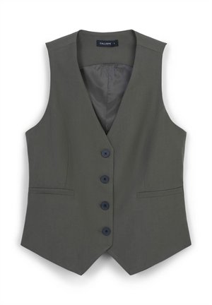 Gilet grigio scuro su misura con quattro bottoni neri, due tasche frontali a fessura e una fodera interna liscia, senza maniche e con collarino a V.