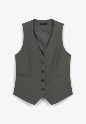 Gilet ajusté gris foncé avec quatre boutons noirs, deux poches fendues à l'avant et une doublure intérieure lisse, sans manches avec un col en V.