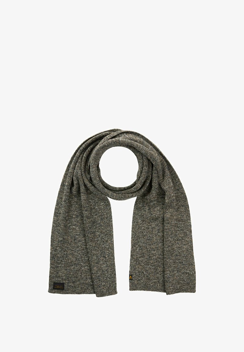 Gehaakte sjaal in donkergrijs met een gestructureerde afwerking. Heeft een lusdesign en een klein zwart label genaaid aan één uiteinde.