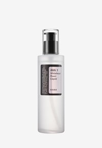 Bouteille en plastique transparent avec une finition lisse, un dessus de pompe noir et une étiquette comportant du texte en noir et argenté. Contient AHA 7 Whitehead Power Liquid.