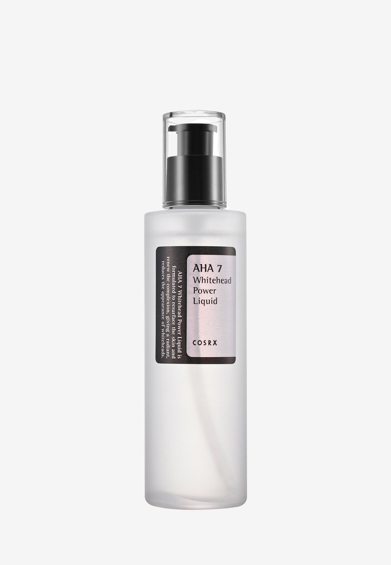Bouteille en plastique transparent avec une finition lisse, un dessus de pompe noir et une étiquette comportant du texte en noir et argenté. Contient AHA 7 Whitehead Power Liquid.