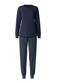 Donkerblauwe long-sleeve top met ronde halslijn en ribgebreide manchetten, gecombineerd met gestipte pyjamabroek met elastische taille en manchetten.