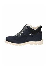 Bottines en daim navy avec doublure en fausse fourrure, dotées de quincaillerie argentée, d'accents en maille noire et d'une semelle en caoutchouc blanc durable.