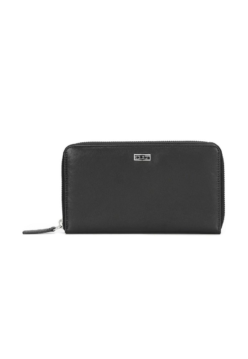 Portafoglio in pelle nera con zip, dotato di placca in metallo argentato e linguetta per la zip su sfondo bianco.