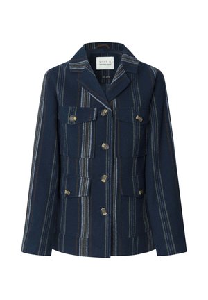 Giacca in misto lana blu navy con strisce verticali grigie e marroni. Presenta un colletto a punta, quattro tasche frontali e bottoni dorati.