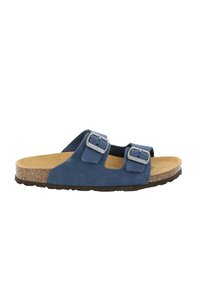 Sandali blu in suede con due fibbie argentate regolabili, soletta in sughero e suola in gomma brown texturizzata. Design open-toe con intagli.