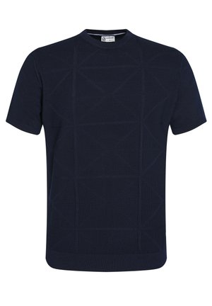 Marine blauwe korte mouwen trui met geometrisch textuurpatroon, ronde halslijn en geribde manchetten en zoom. Gemaakt van zachte breiware.